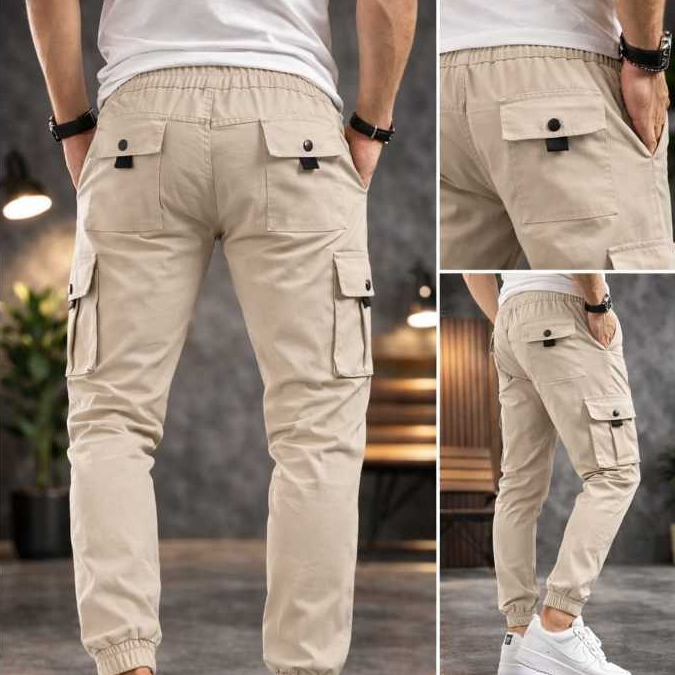 Calça Cargo Masculina Sarja Jogger Elastano cintura Elastica Premium creme