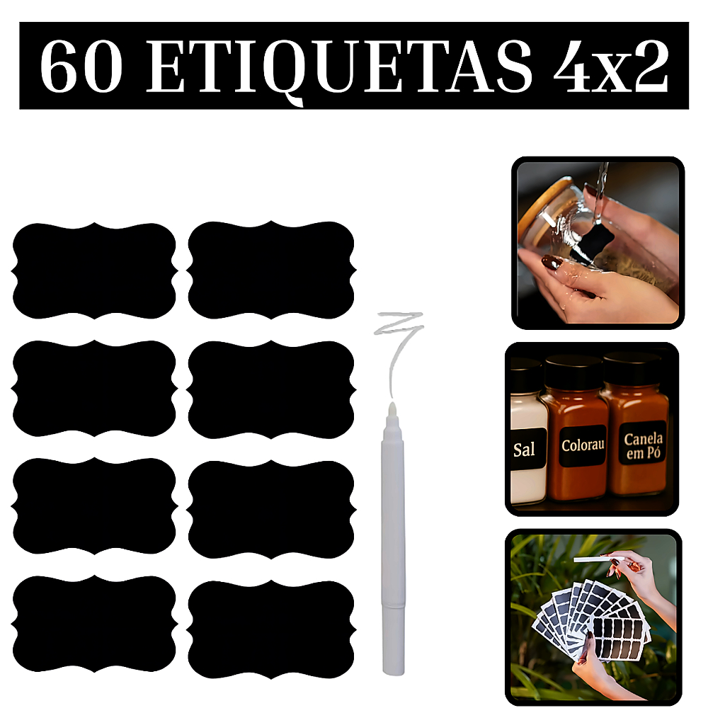 60 Etiquetas Adesivas Lousa 4x2cm + Caneta Giz Líquido Pote Porta Tempero