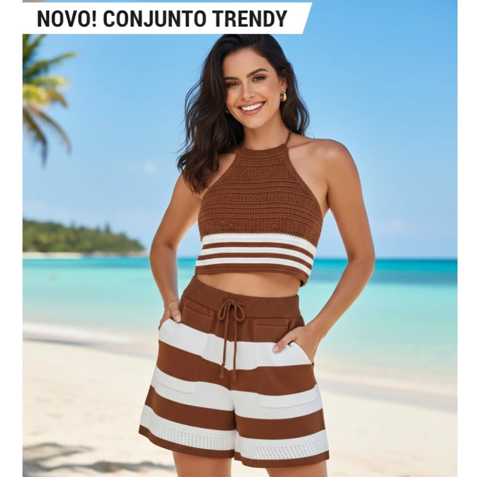 Conjunto Feminino Listrado 2 Peças Shorts e Top Cropped Frente Única Modal Premium Conforto e estilo para o Verão — imagem 1