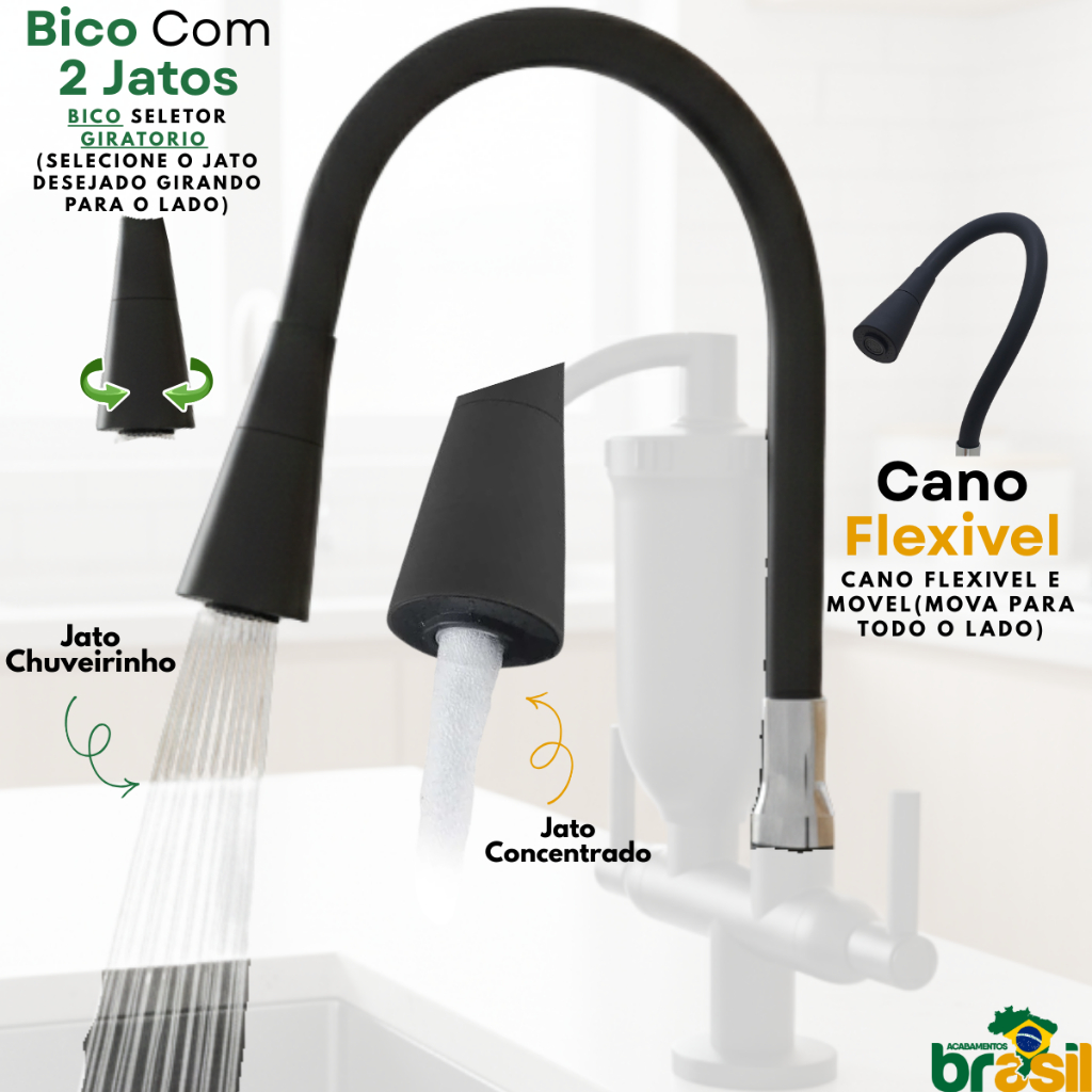 Torneira Filtro para Cozinha Preta Bica Flexível 2 Jatos Carvão Ativado 1/4 de Volta pia bancada