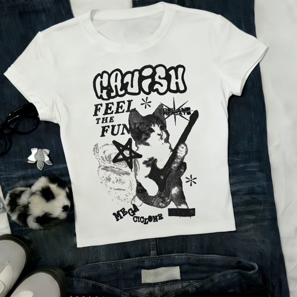 Blusa Feminina Baby Tee Estampada Gato Mega Cyclone Rock Aesthetic Confortável