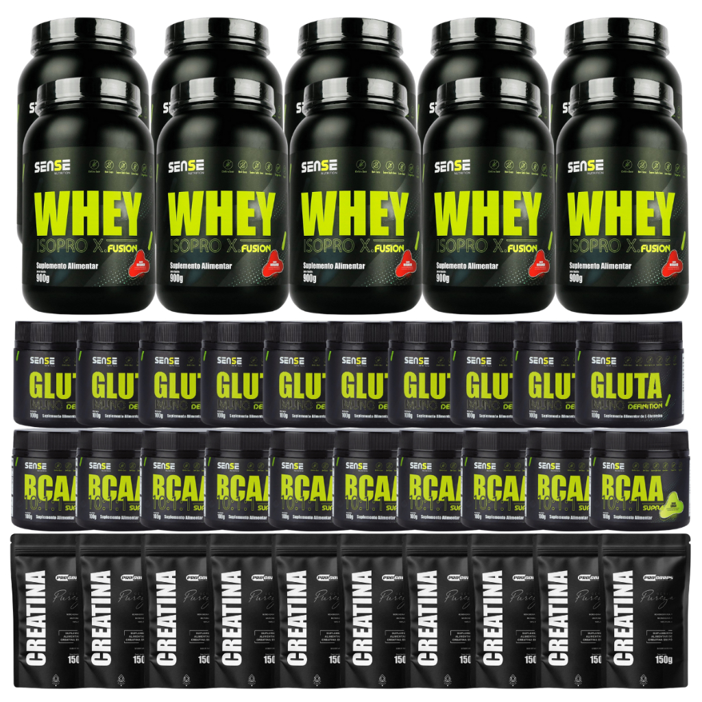 Combo Completo Academia 10 Whey 900g  + 10 Bcaa 150g + 10 Creatina Pura 150g  + 10 Glutamina 100g