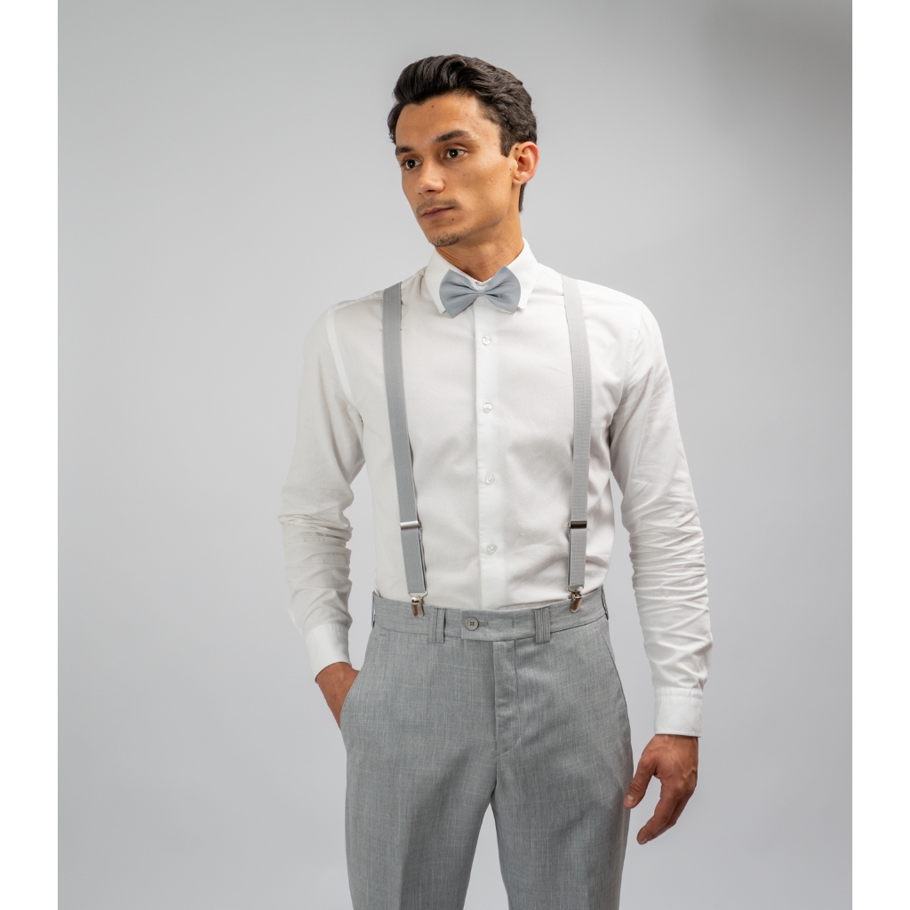 Kit Traje Masculino Calça Social Cinza + Suspensório + Gravata Borboleta para padrinhos em casamento