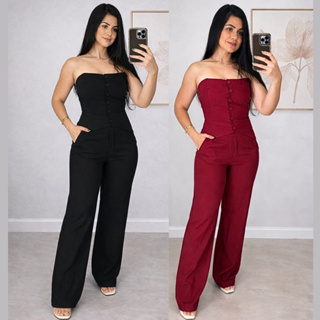 Conjunto Feminino Alfaiataria Cropped Tomara que Caia Social Calça Pantalona Blusa Elástico Lastex Botão Moda Verão em Oferta na Shopee