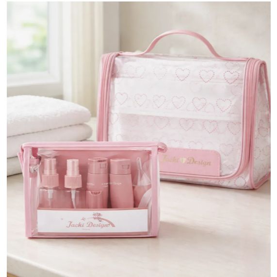 Kit Necessaire Transparente com Frascos Rosa – Prático e Ideal para Viagens e Bagagem de Mão em Oferta na Shopee