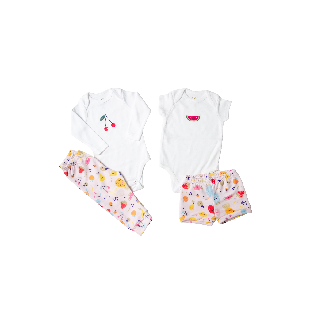 Kit 4 Peças - Calça e Body longo + Short e Body curto Cerejinha e Melancia