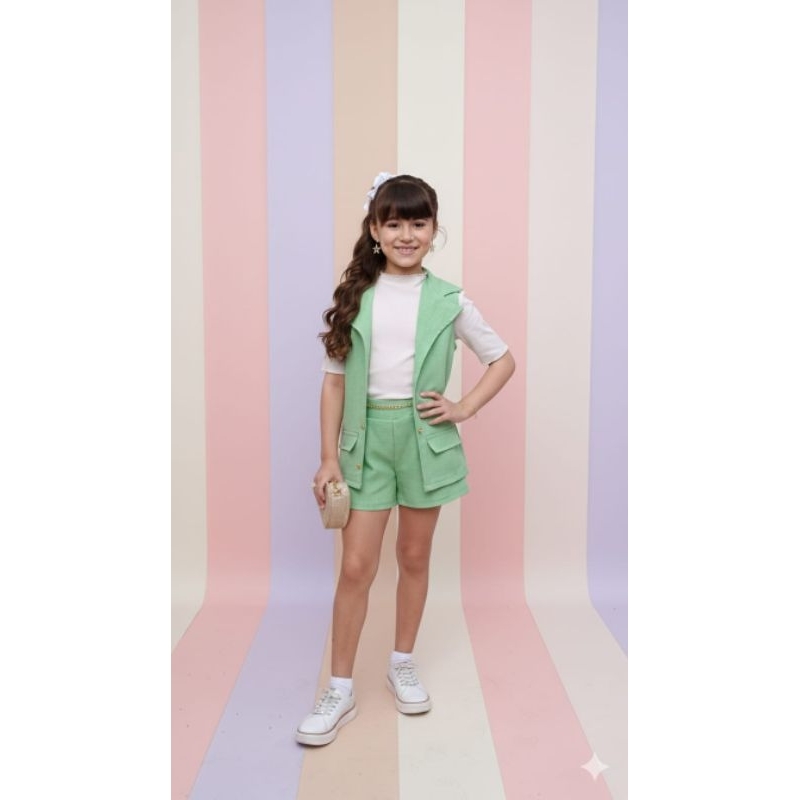 Conjunto Infantil Feminino Menina verão, linho, Alfaiataria, Blogueirinha, Short com Colete , Festa , Casual