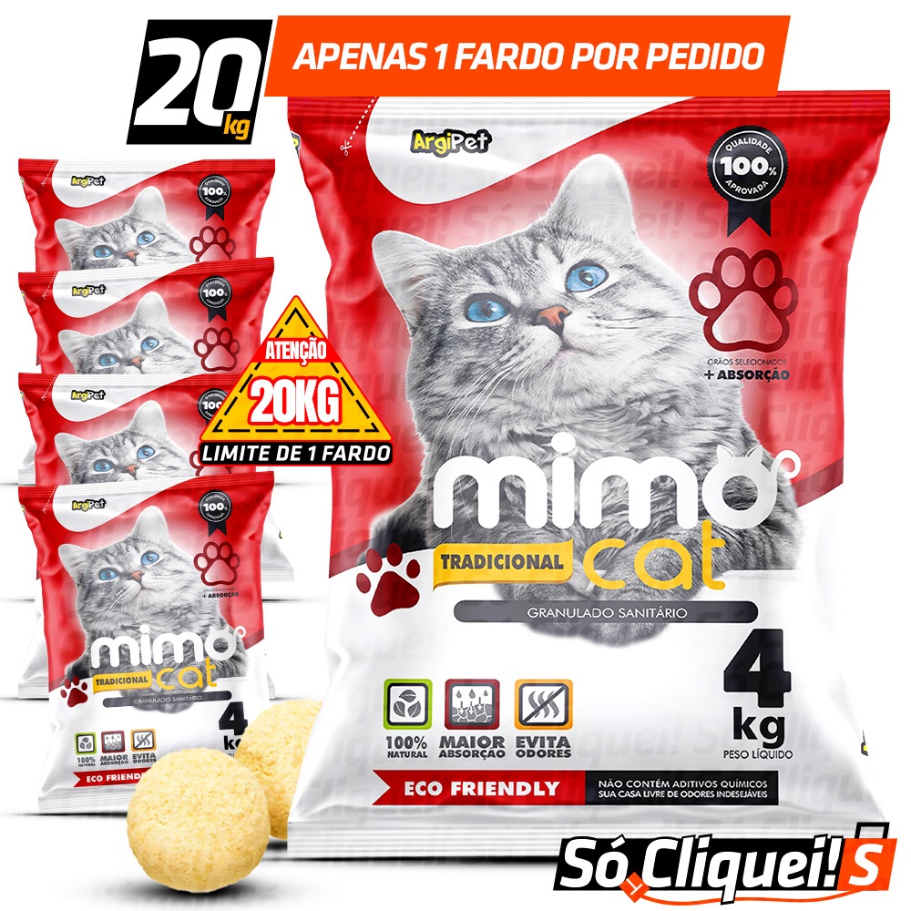 Kit 5 Areia de Gato Granulado de Argila Higiênica Forma Torrões Alta Absorção Perfumado Argipet 20KG em Oferta na Shopee