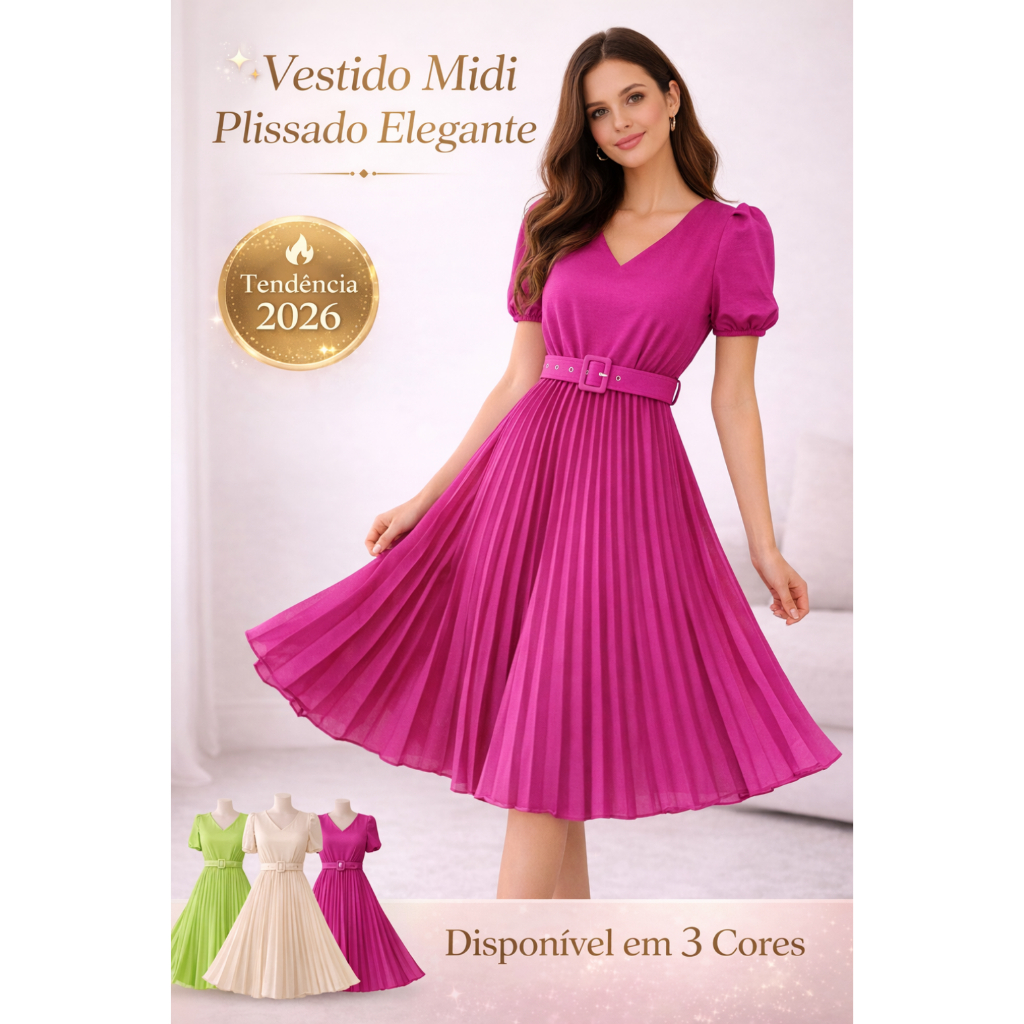 Vestido Plissado Lisa Midi Rodado Moda Evangelica Manga Bufante e Cinto em Oferta na Shopee