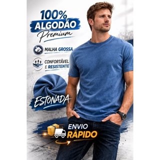 Camiseta Masculina Estonada 100% algodão Lisa em Oferta na Shopee