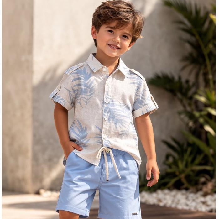 Conjunto Infantil Menino Camisa Estampada E Bermuda Linho Verão Confortável