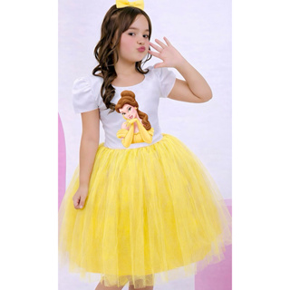 Vestidos Bela e a Fera princesa temáticos infantil amarelo aniversário super luxo festa Bela e à Fera(com manga) em Oferta na Shopee