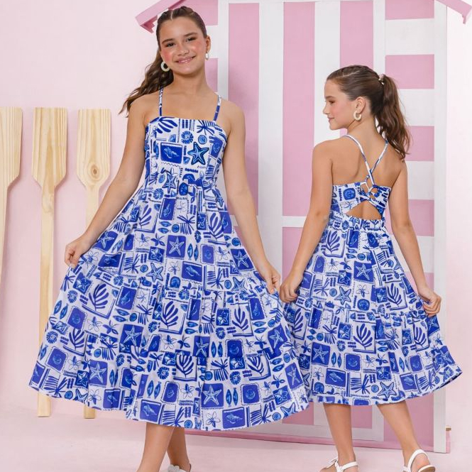 Vestido Midi Infantil Alcinha Cor Azul Estampado Colorido Verão Festa Tam 4 6 8 10 12 14 Promoção