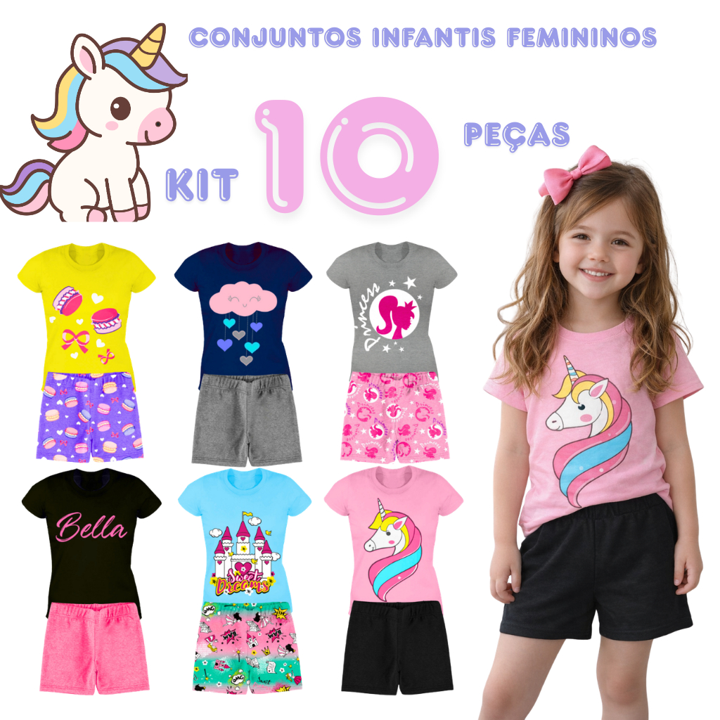 Kit Peças de Roupa Infantil Sortido Verão Menina Conjuntos Leves e Divertidos