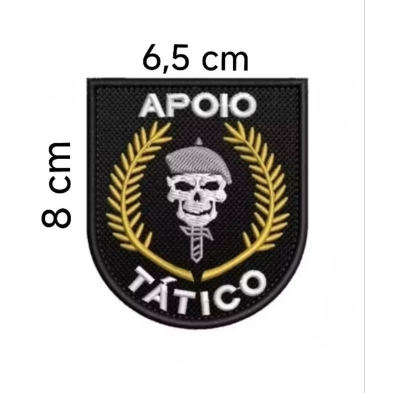 Patch Bordado APOIO TÁTICO com Ramos dourados Caveira e Boina