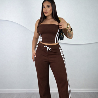 Conjunto Cropped Tomara que Caia + Calça Wide Leg  Listras Laterais em Oferta na Shopee