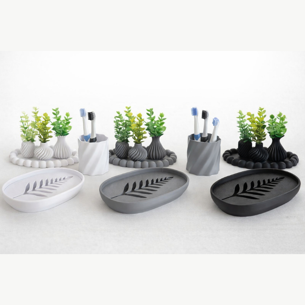 Kit para Pia Lavabo Banheiro com Saboneteira Suporte de Escovas e 3 Mini Vasos e Base Decoração