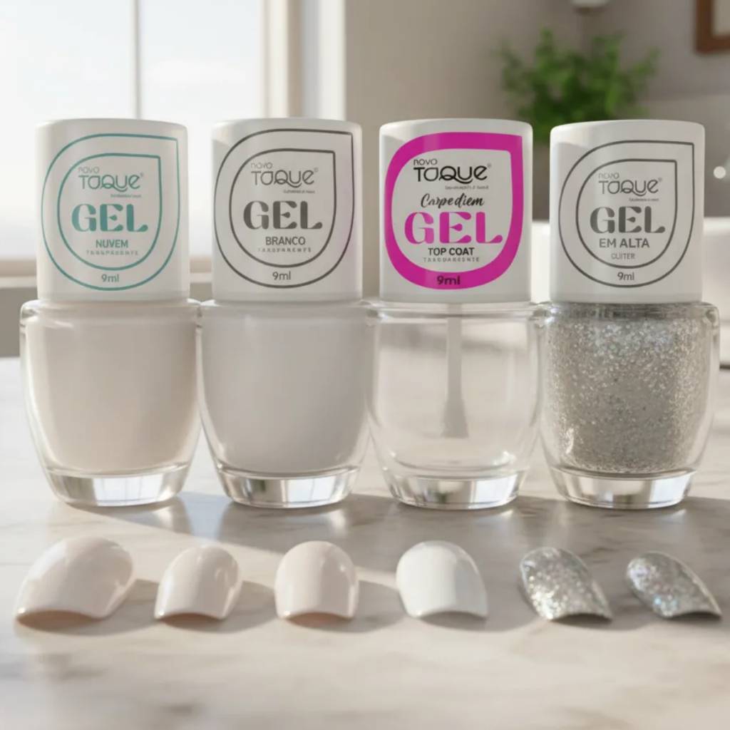 Esmalte Novo Toque Francesinha Efeito Gel com  Glitter E Top Coat Efeito Gel Manicure Pedicure Lançamento