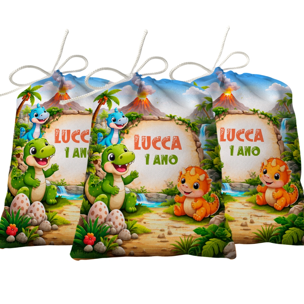 Sacolinha Lembrancinha Festa Aniversário Surpresa Tecido Personalizado Dinossauro Baby