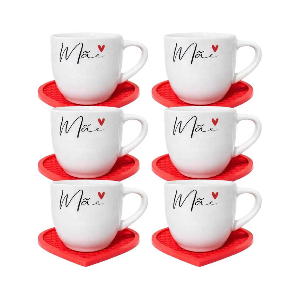 Kits Xícaras Paris Porcelana Branca Mãe Moderna 170ml Pires Coração