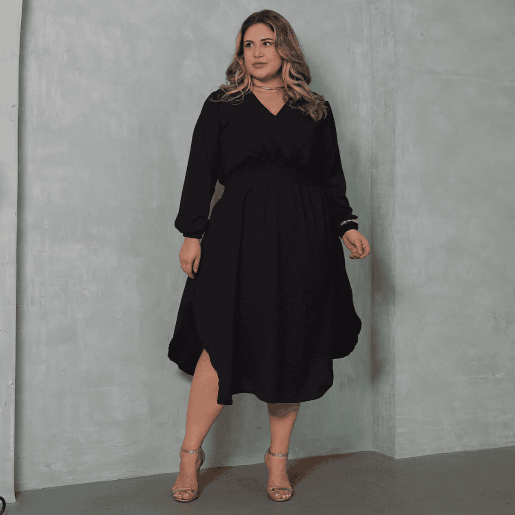 Vestido Midi Decote V Plus Size Confortável Manga Longa Moda Casual Feminina em Oferta na Shopee