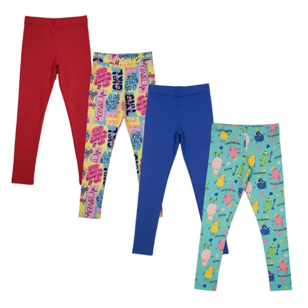 Kit 4 Leggings Infantil Feminina com Elastano Lisa e Estampada Cores Sortidas