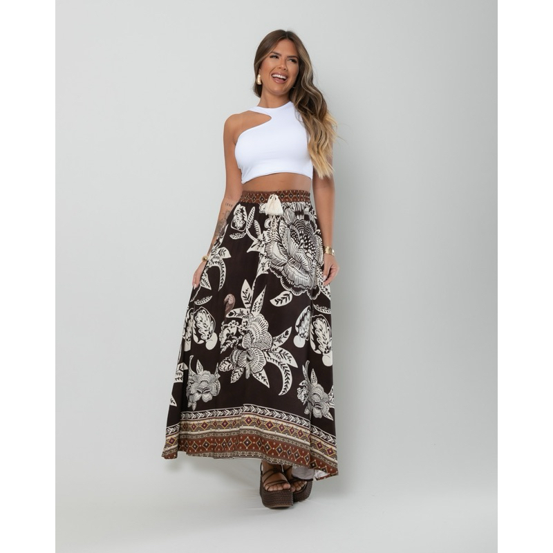 Conjunto ou peças separadas cropped morcego kimono saia longa estampa inverno floral tropical western preto viscose