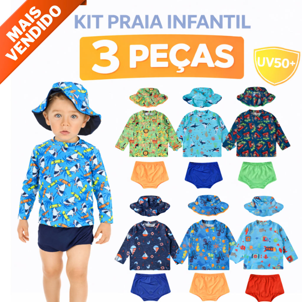 Kit Lote Blusa com Proteção Solar UV50 + Tapa Fralda (sunga) + Chapéu Bebê e Infantil Moda Praia Meninos