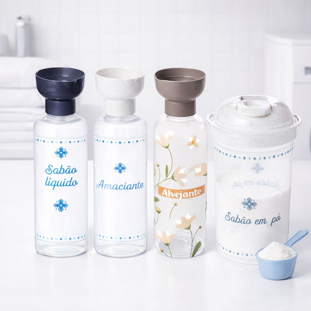 Kit 3 Porta Sabão Líquido Amaciante Alvejante Tampa Dosador Sabão em Pó