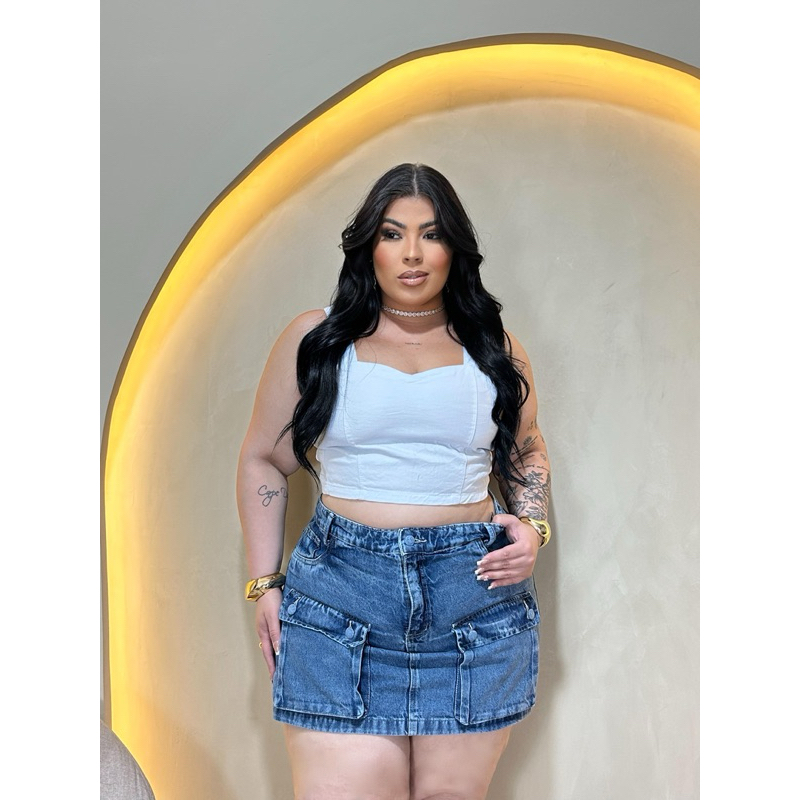 Shorts Saia Plus Size Jeans Sem Lycra Cargo Com Botoes e Bolsos  na Frente Cintura Alta do 46 ao 54