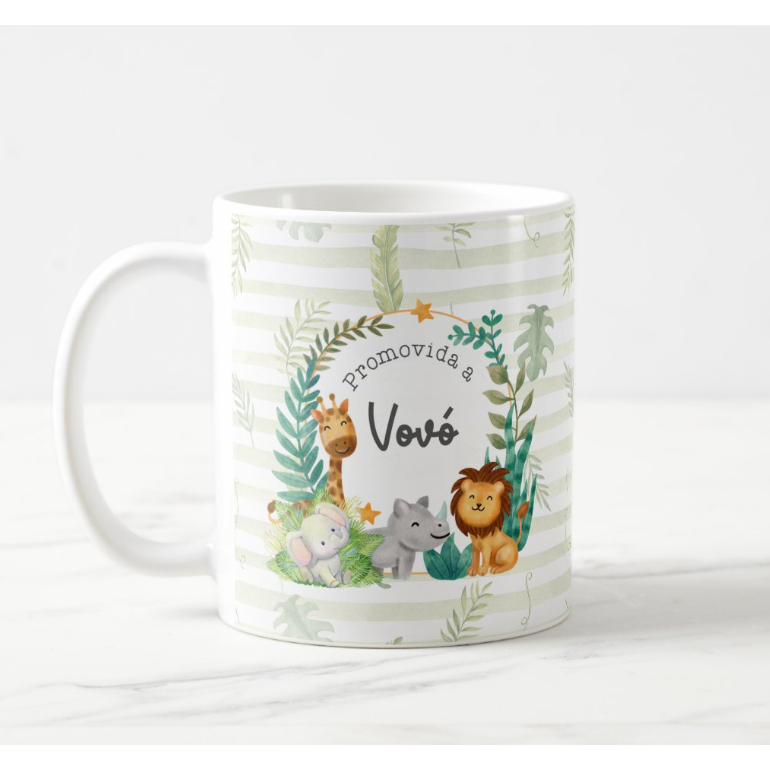 Caneca Anúncio Gravidez Promovida a Vovó Vovô Titia Titio Tia Avó Avô Padrinho Madrinha Priminho Priminha Tema Safari