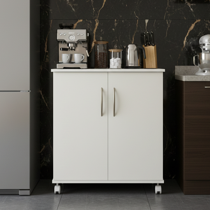 QUEIMA DE ESTOQUE - Armário de Cozinha Multiuso compacto com Rodizios -  4 prateleiras, 2 portas