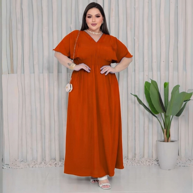 Vestido Feminino Longo Plus Size Acinturado Com Decote V Manga de Sino