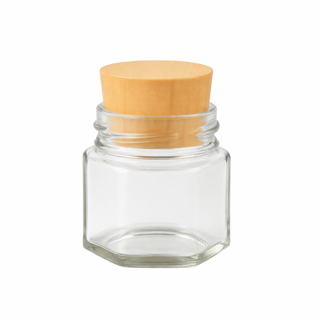 Kit Potinhos de Vidro 40ml com Tampa Madeira Sextavado Para Velas Lembrancinhas de Casamento Chá de Bebê Lembrancinhas