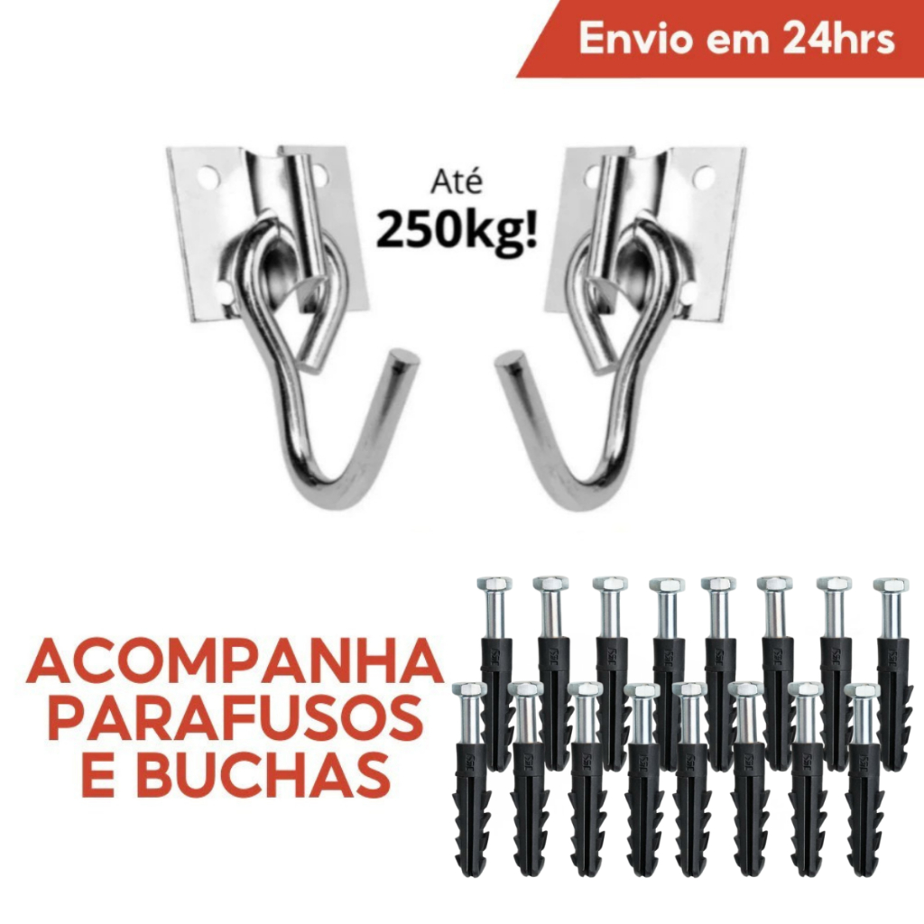 Kit 2 Pares de Gancho Galvanizado Armador De Rede de Balanço de Aço Com Parafusos e Buchas em Oferta na Shopee