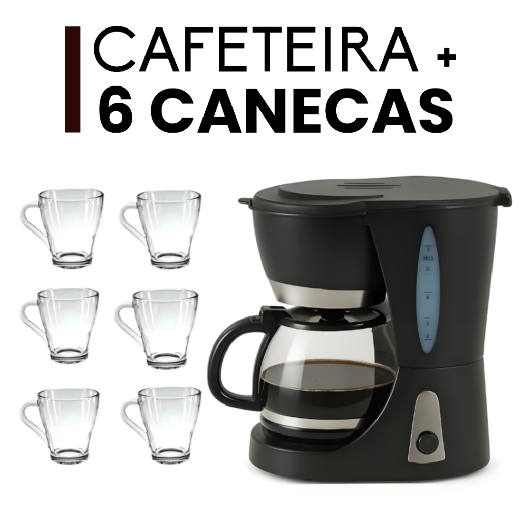 Imagem Kit Cafeteira Elétrica Automática + 6 Canecas Corta-Pingos Escritório Home-Office Café Coado 110V