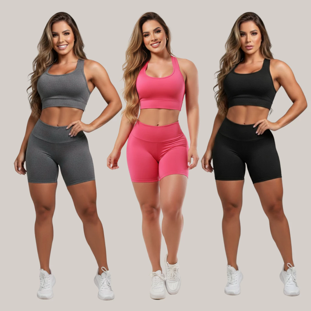 Kit 3 Conjunto de Academia Short E Top Roupas Fitness Femininas Suplex A11 — imagem 1