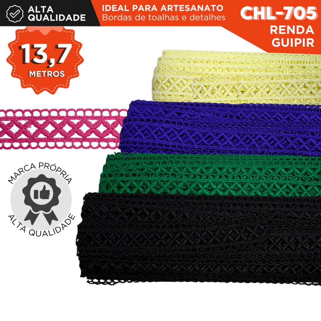 Renda Guipir 30mm Rolo com 13,7 Metros Acabamento Decorativo para Costura e Artesanato | CHL-705 |NL