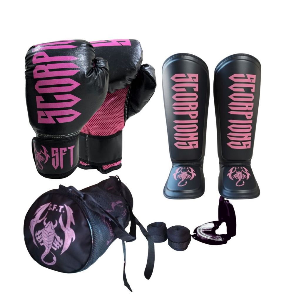 Kit Muay Thai Boxe Kickboxing Luva Cneleira Bolsa Bandagem bucal