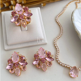 Brinco, anel e choker rosa bebê com banho de ouro e zircônia brinco rosa colar rosa madrinha festa luxo angelica