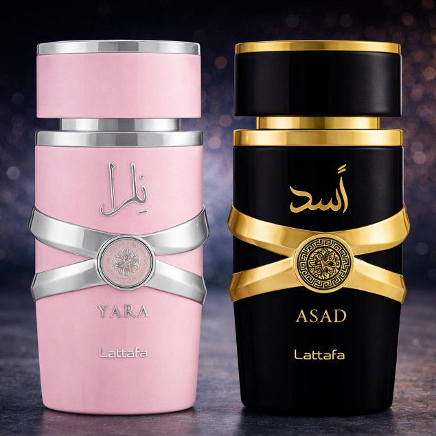Kit Asad e Yara Lattafa Perfumes Árabes Originais Masculino e Feminino Alta Fixação