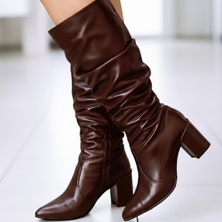 Bota Feminina Cano Longo Salto Bloco Confortável Bico Fino Cano Alto Enrugado Slouch Ref. 20/146