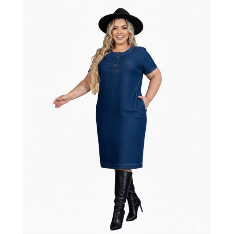 Vestido Plus size Feminino Chemise Plus Size Camisa Blusa Feminina Manga Curta Botões Saia Midi Elegante