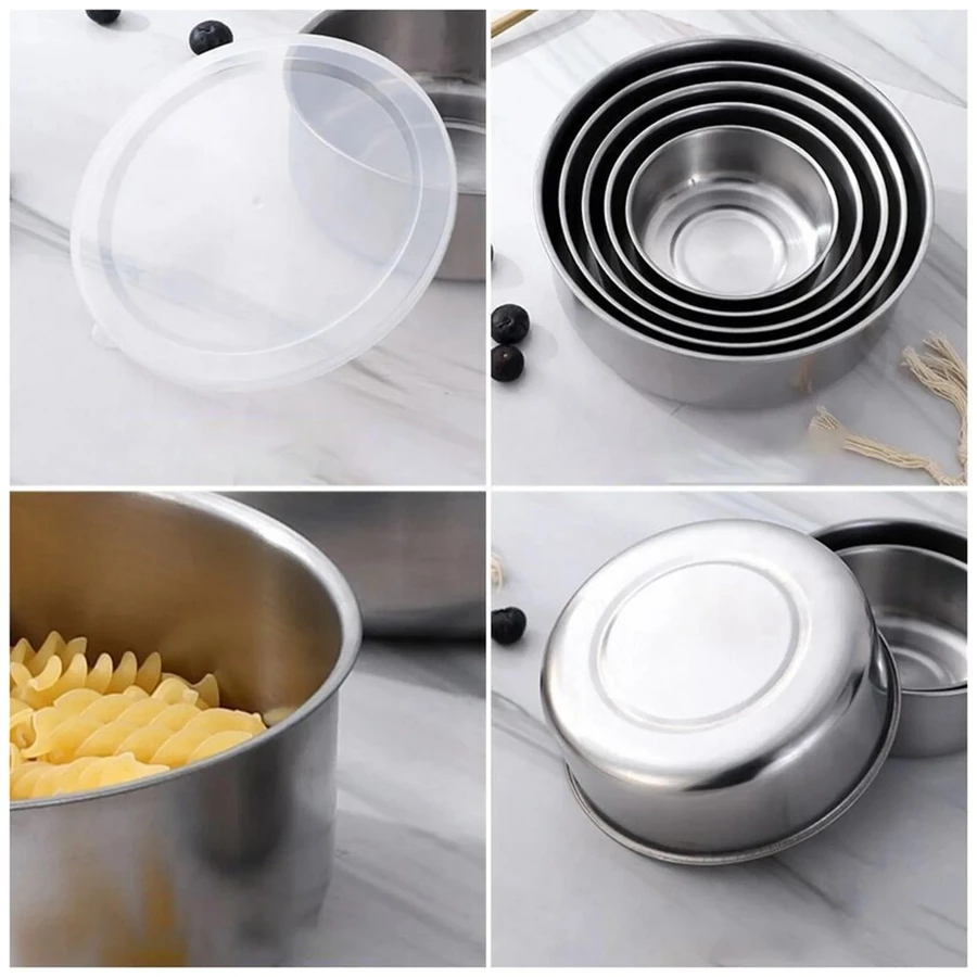 Kit de 5 Potes em Inox Aluminio Com Tampa Redondo Hermético Jogos de Vasilhas Tigelas de Alimentos.