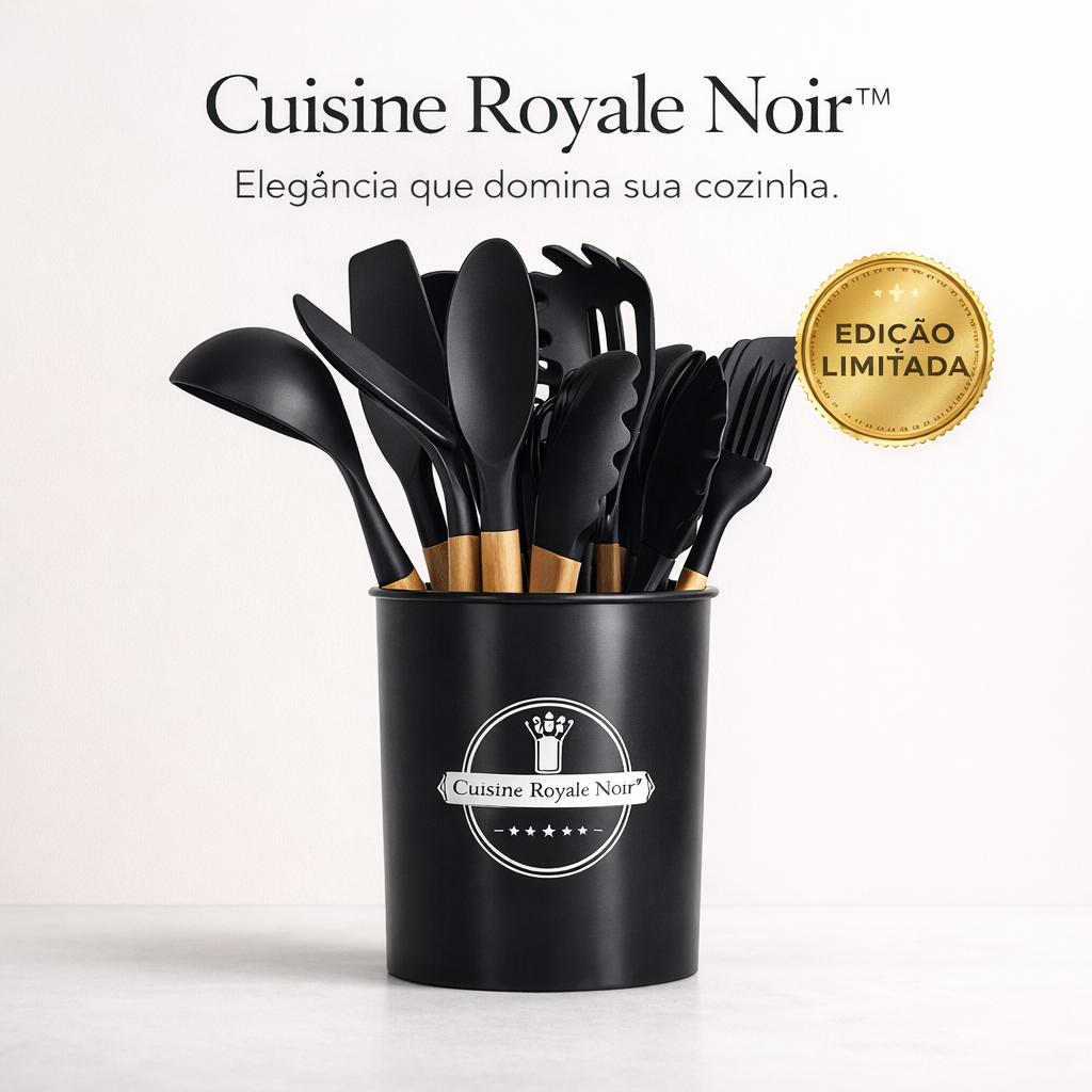 Conjunto Utensílios de Cozinha 12 Peças Silicone Preto com Cabo de Madeira + Suporte – Kit Completo Antiaderente Premium