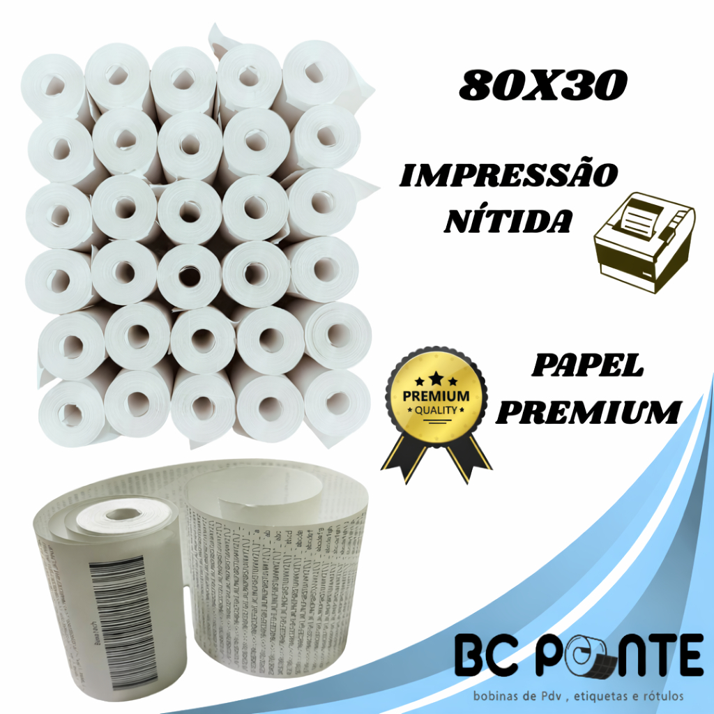 kits 12 a 30 Bobinas Térmica com 30 metros 80x30 branca cupom fiscal pdv para impressora Térmica 80mm em Oferta na Shopee