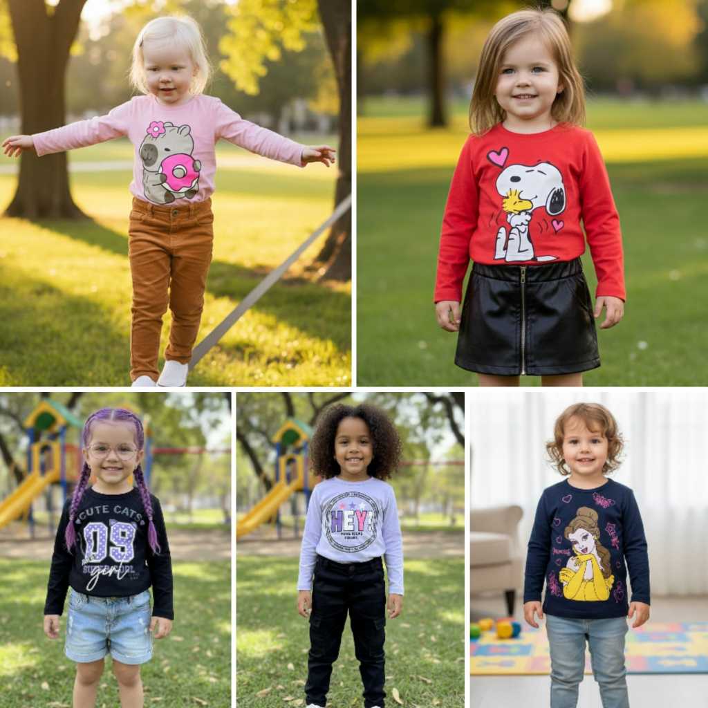 Kit 5 Blusa Menina Infantil Manga Longa algodão do 01 ao 03 Sortidas estampas e Cores