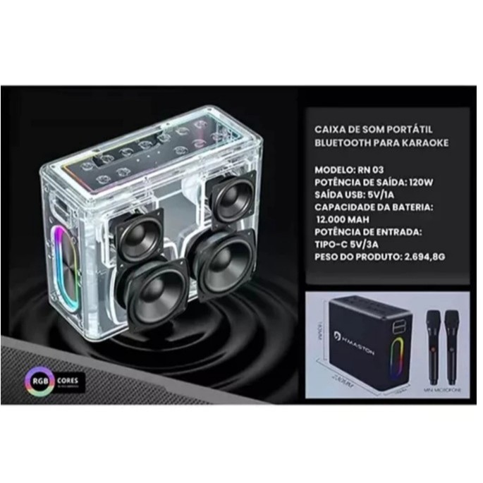 H'maston RN03 Caixa De Som 120w Com Duas Microfones Bluetooth — imagem 2 de 2