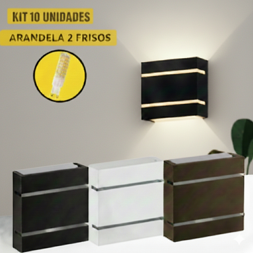 Kit 10 Arandela de Parede Slim Luminária Led Decorativa 2 Focos 2 Frisos Ideal P/ Parede Muros Jardim Sítios
