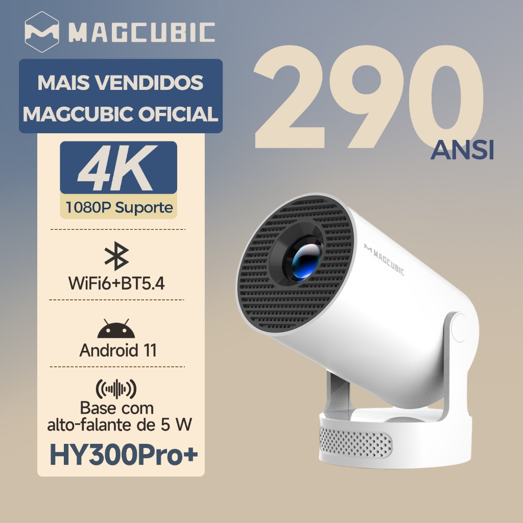 MAGCUBIC HY300 Pro+ Projetor Portátil Android 11 WiFi6 290ANSI 4K 1080P Suporte Giratório 180° BT5.4